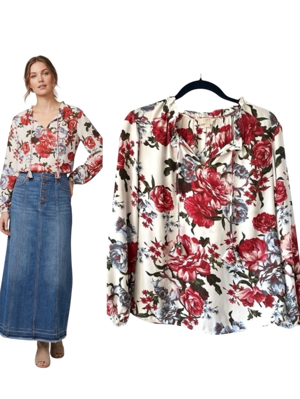 LOFT Ann Taylor Rose Floral Print Blouse Size Small Boho Cottage Colorful